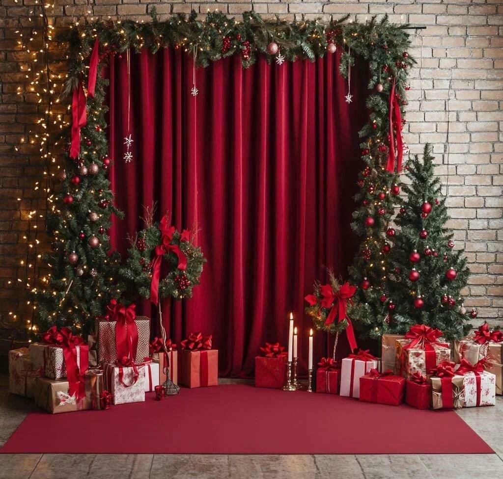 Рождественская фотозона с тканью и хвоей Рождественская фотозона с тканью и хвоей