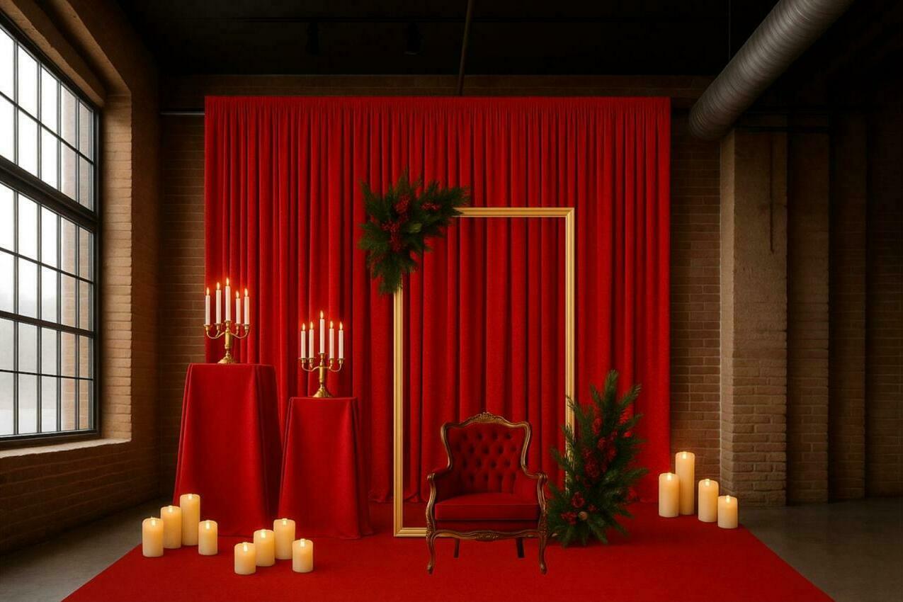 Новогодняя фотозона с красной тканью Новогодняя фотозона с красной тканью