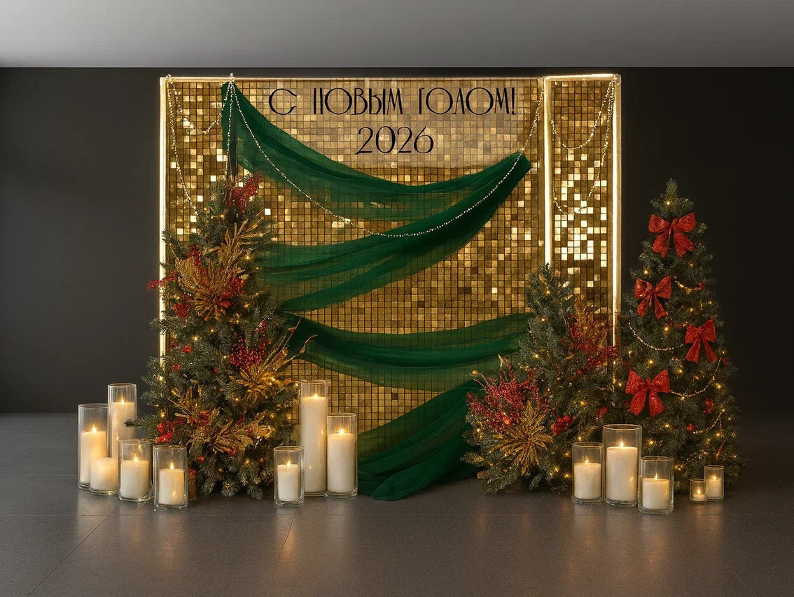 Новогодняя фотозона с пайетками и тканью Новогодняя фотозона с пайетками и тканью