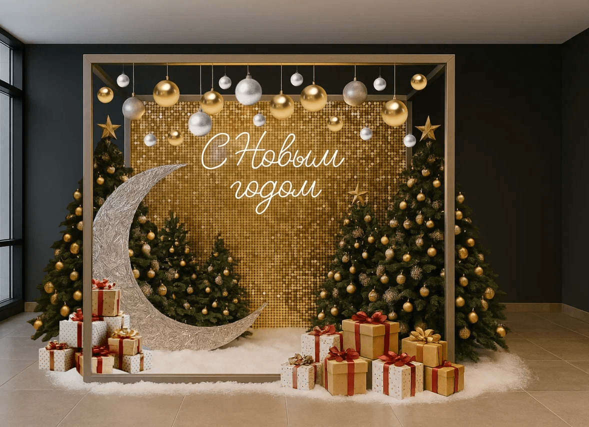 Новогодняя фотозона куб с пайетками и тканью Новогодняя фотозона куб с пайетками и тканью